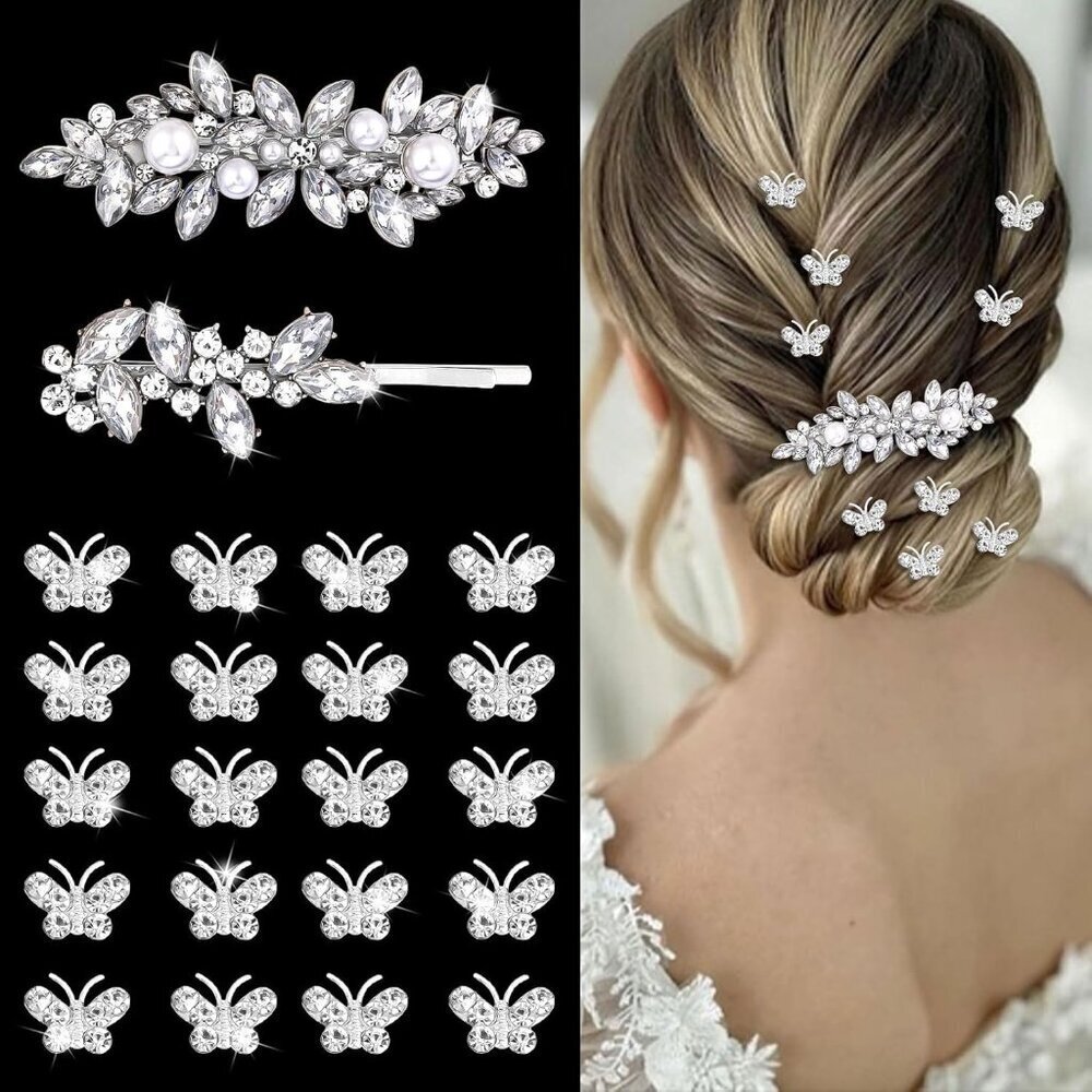 22 Pcs Rhinestone Hair Clips Butterfly Pearl Silver Bridal Wedding Accessories